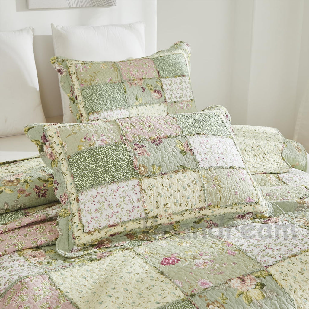 Brandream Patchwork Quilts Queen Size Cotton Green Rose Floral Quilted Comforter Set Country Rustic Coverlet Set 3-Piece
