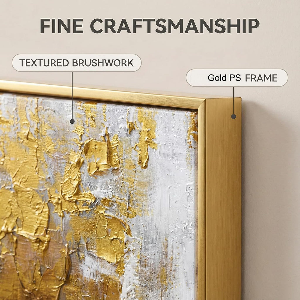 3D Textured Abstract Framed Wall Art for Living Room- Hand Painted Gold and White Abstract Oil Painting for Office-Large Modern Wall Decor for Corridor Stairwell Ready to Hang 28X40inches
