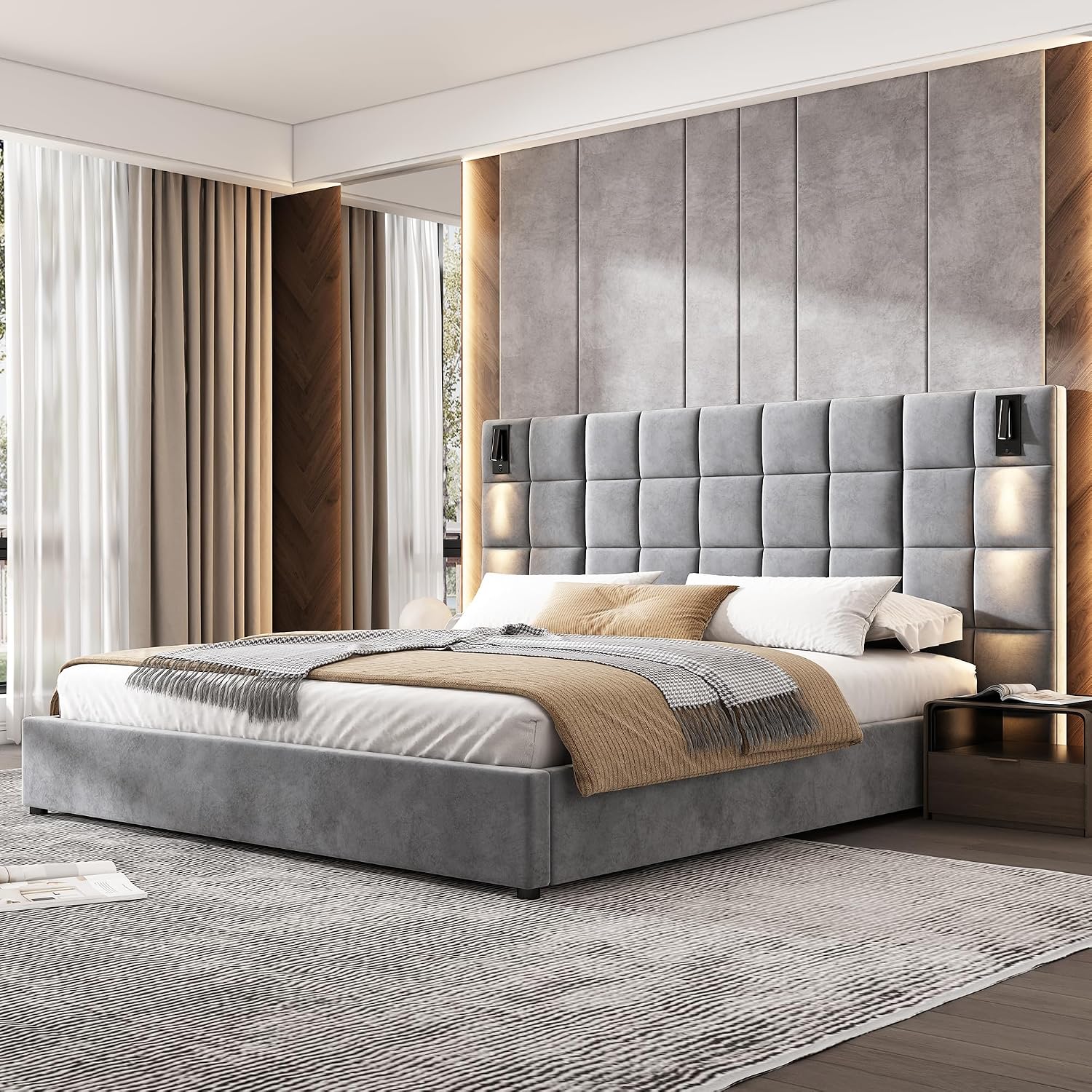 Merax Velvet Upholstered California King Size Bed Frame with Wide headboard and Small Reading Lamp with USB Port, Low Platform Bed Frame for Adults, Without Bedside Tables and Mattress, Gray