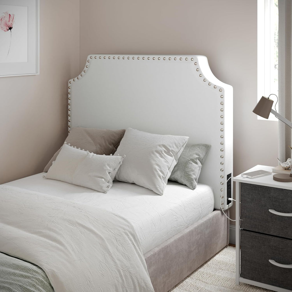 Flash Furniture Adeline Twin Headboard with 2 Outlets, USB Port, USB Type-C Port, Contoured Headboard, Studded LeatherSoft Upholstery, Dual Hanging Options, White