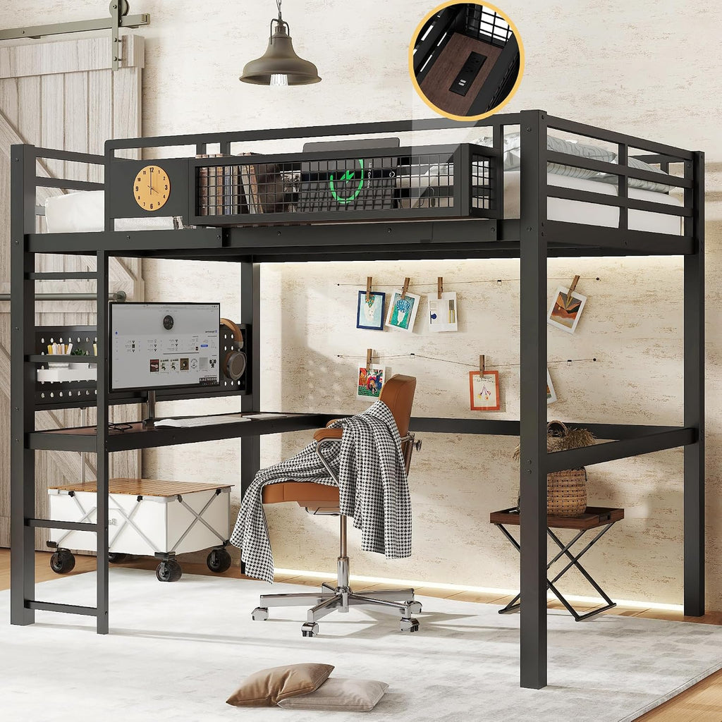 JIVOIT Full Size Metal Loft Bed Frame with Desk, Bedside Storage Basket, Side Clock Design, Pegboard, 68' H Metal Loft Bed with Slats Support, No Spring Box Needed
