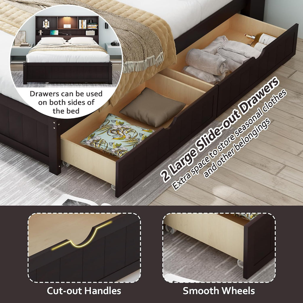 LUMISOL Twin Bed Frames with Charging Station and LED Lights, Wood Platform Bed with Bookcase Headboard and 2 Drawers, No Box Spring Needed, Espresso
