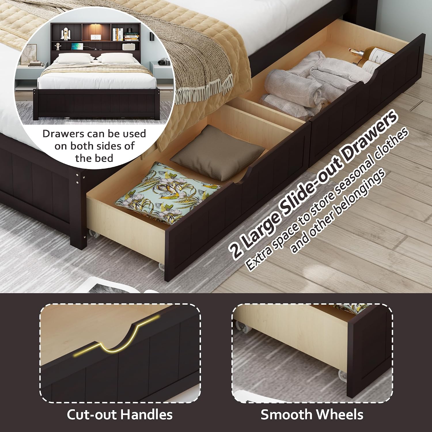 LUMISOL Twin Bed Frames with Charging Station and LED Lights, Wood Platform Bed with Bookcase Headboard and 2 Drawers, No Box Spring Needed, Espresso