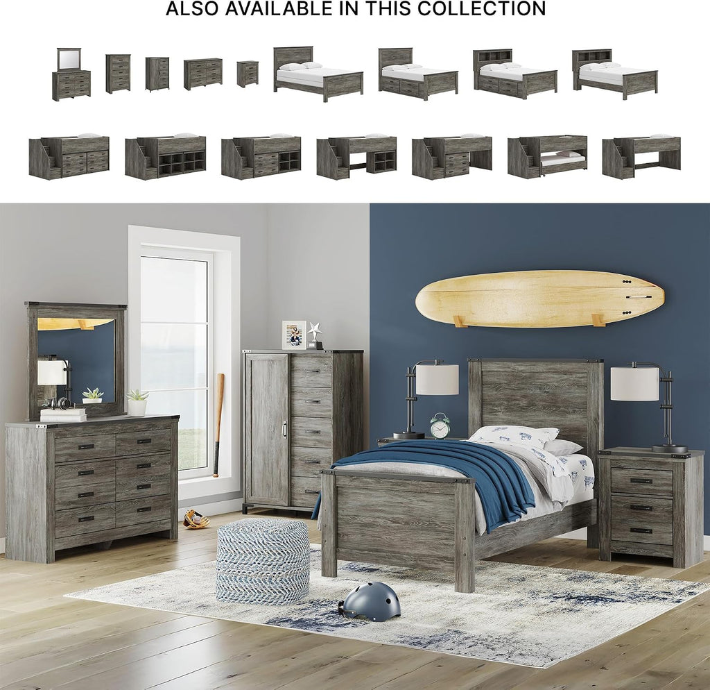 Signature Design by Ashley Frandern Industrial Panel Bed with Nailhead Accents, Foundation or Box Spring Needed, Twin, Gray