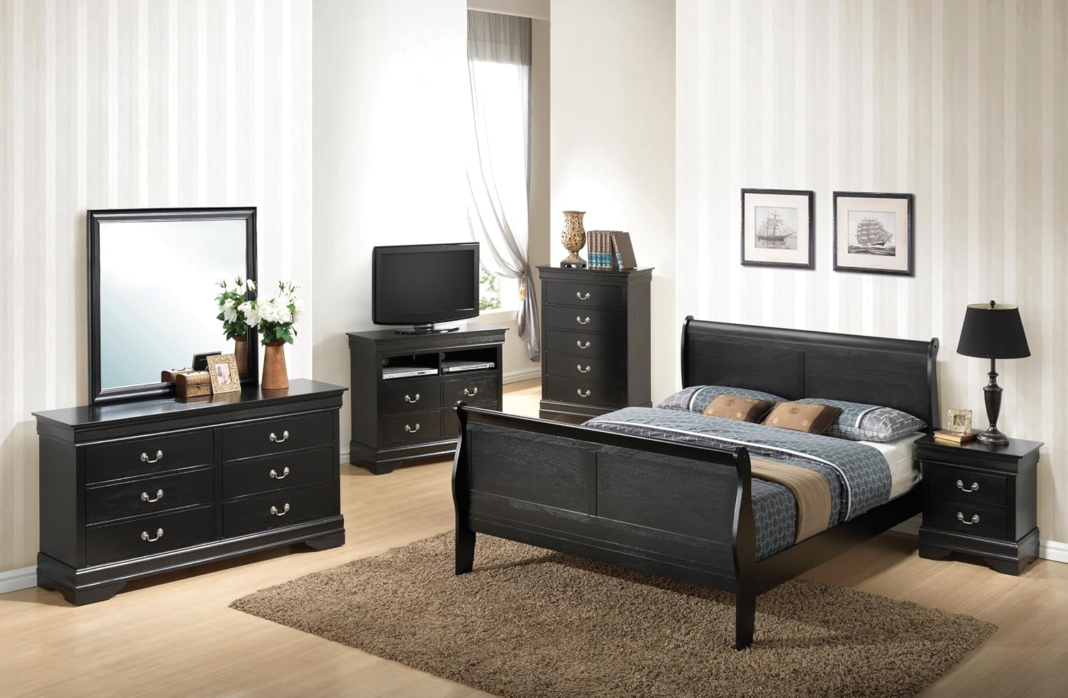 GDFStudio Queen Size Wood Platform Bed Frame, Classic Sleigh Design with Curved Trim & Wood Posts,Easy Assembly, Box Spring Required,Timeless Elegant Bedroom Furniture,Black