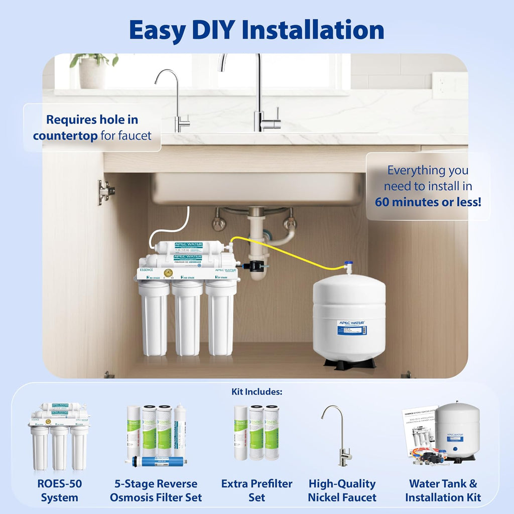 APEC Water ROES-50X 5-Stage Under Sink Reverse Osmosis Water Filter System, NSF Certified 372 & 58, 50 GPD, with Extra High Capacity Pre-Filter Set Stage 1-3