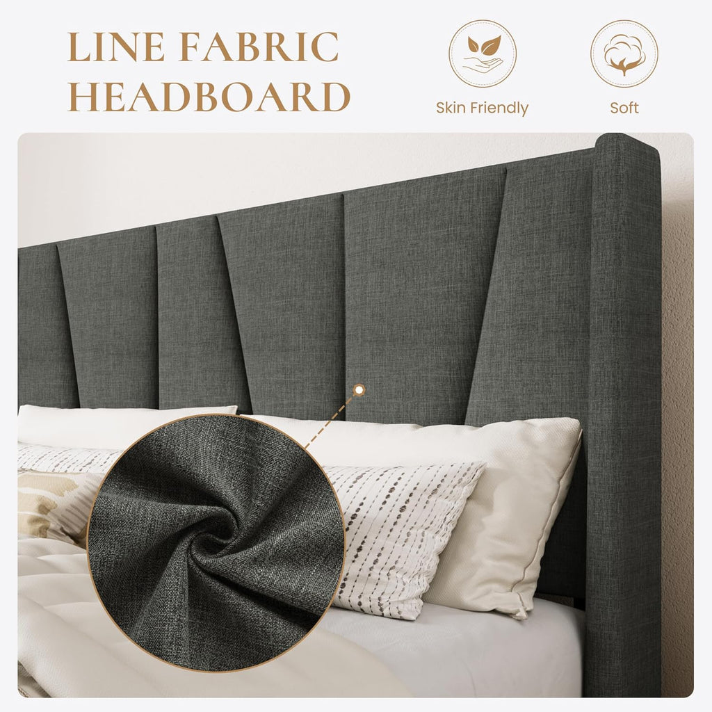 SHA CERLIN King Size Bed Frame with Geometric Wingback Headboard, Upholstered Platform Bed with, 8' Under-Bed Space, No Box Spring Needed, Easy Assembly, Grey