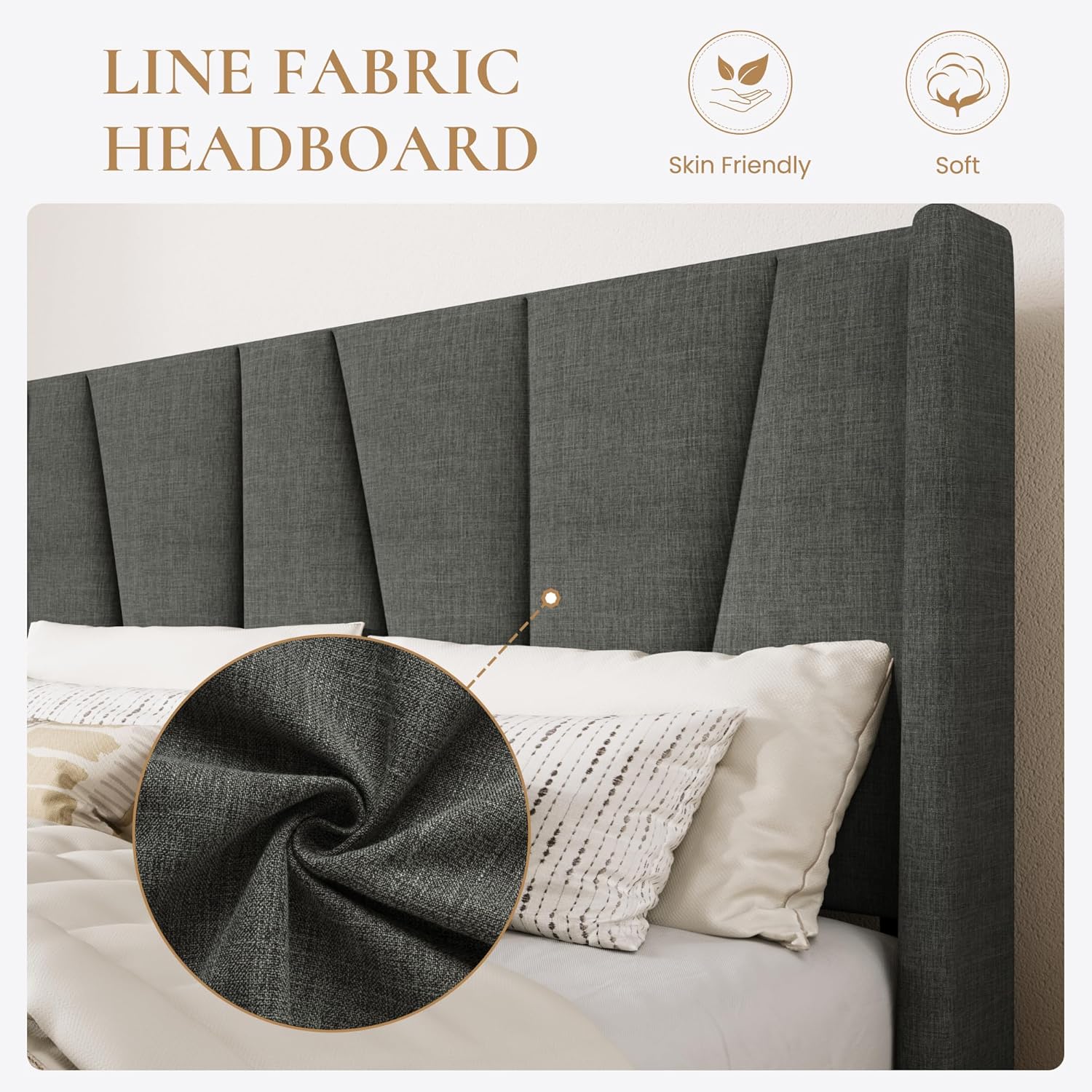 SHA CERLIN King Size Bed Frame with Geometric Wingback Headboard, Upholstered Platform Bed with, 8' Under-Bed Space, No Box Spring Needed, Easy Assembly, Grey