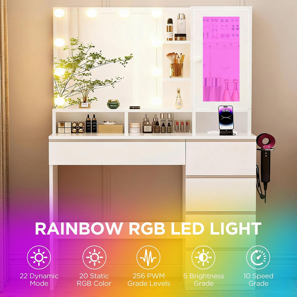ERLEJIA Vanity Desk with LED Lights Mirror, Makeup Table with Power Outlet for Ladies and Girls, 35.43' RGB Light Makeup Desk with 6 Storage Drawers for Bedroom, White 2