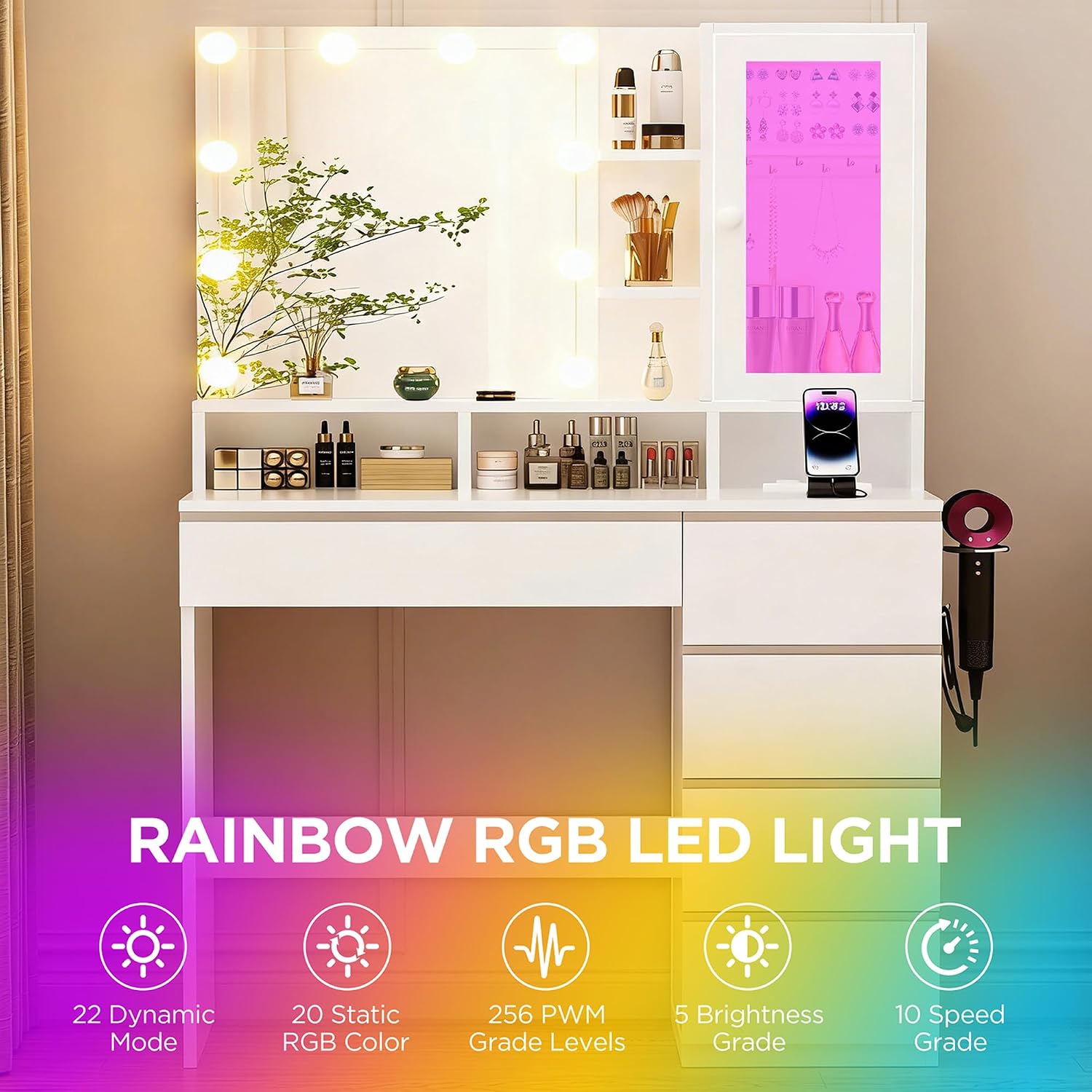 ERLEJIA Vanity Desk with LED Lights Mirror, Makeup Table with Power Outlet for Ladies and Girls, 35.43' RGB Light Makeup Desk with 6 Storage Drawers for Bedroom, White 2