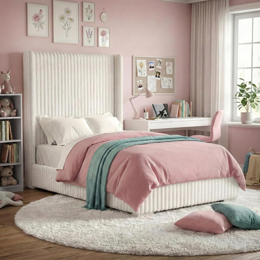 Furniture of America Plutforn Modern Wood 45-inch Twin Platform Bed with Fur Chenille Fabric, No Box Spring Required for Bedroom, Guest Room, White