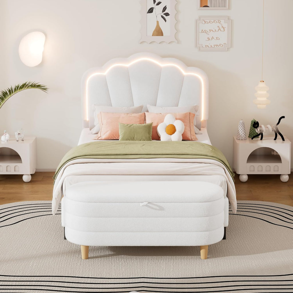 2 Pcs Bedroom Sets Twin Size Flower Shaped Upholstered LED Platform Bed with Storage Ottoman Sherpa Fabric, White