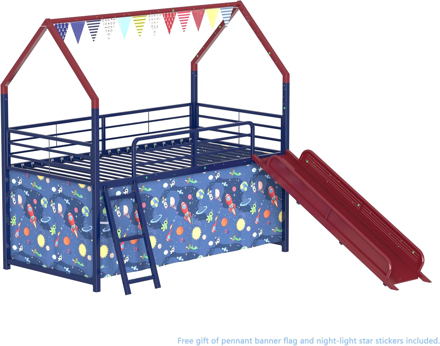 Jack Metal Junior House Twin Loft Bed with Slide and Curtain Set, Navy Blue and Red, 76.7' L x 97.8' W x 74.7' H