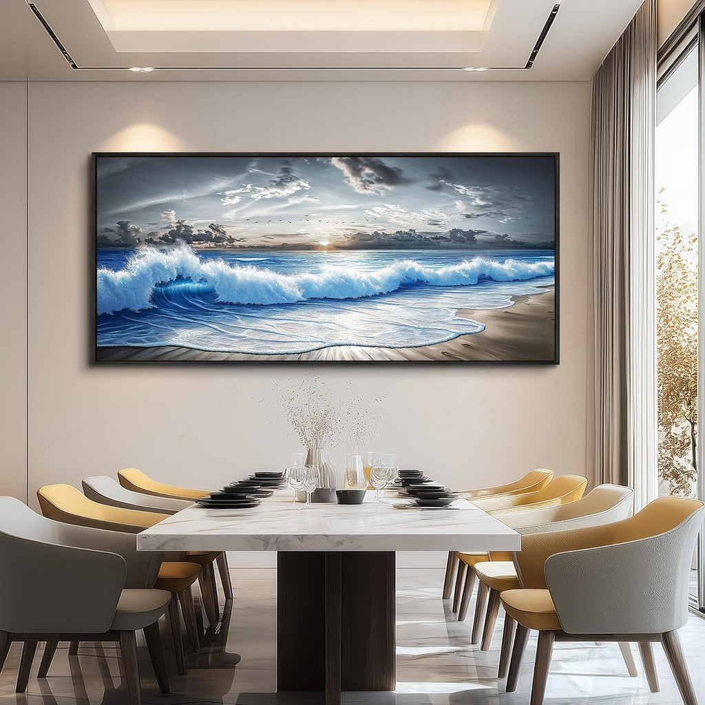 PHAOHUAXM Large Canvas Modern Black White Printed Artworks Wall Decor For Living Room Wall Art For Bedroom Office Dining room Blue Ocean Wave Painting Wall Pictures Home Decor 32'X72' Black Frame