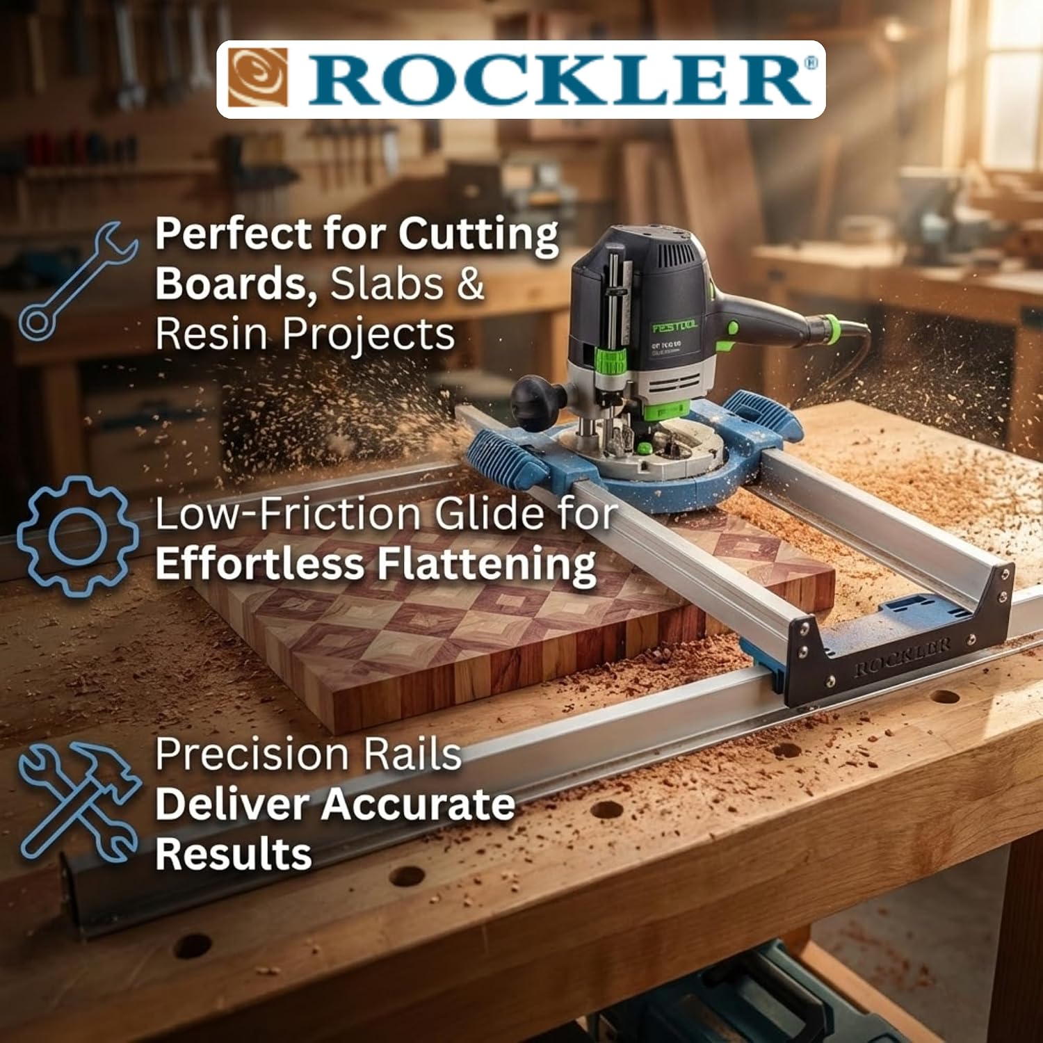 Benchtop Board Slab Flattening Jig – Precision Router Flattening Sled System for Wooden Slabs, End-Grain Boards & Resin Projects – Durable Tabletop Jig Fits Most Woodworking Routers