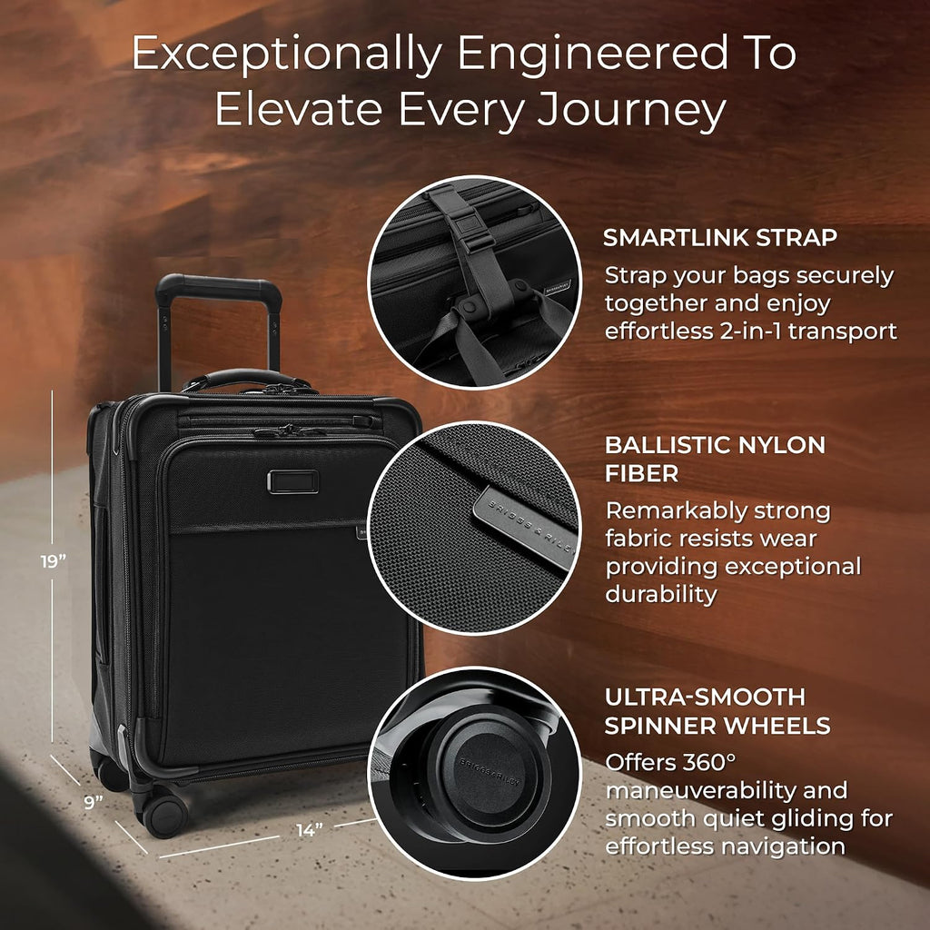 Briggs & Riley Compact 19' Carry-On Expandable Spinner - Carry On Luggage for Travel, Suitcases with Wheels, Softside Rolling Bag for Men & Women, Garment Panels - Baseline Collection, Black