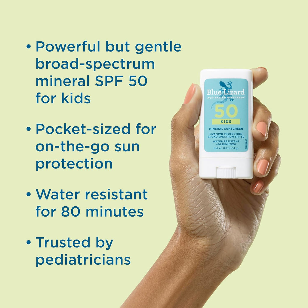Blue Lizard Kids Mineral SPF 50 Sunscreen Stick, Zinc Oxide, 100% Mineral Actives, Developed for Kids' Sensitive Skin, TSA-Friendly, Vegan, Paraben-free, Fragrance-Free, 0.5 oz (Pack of 12)