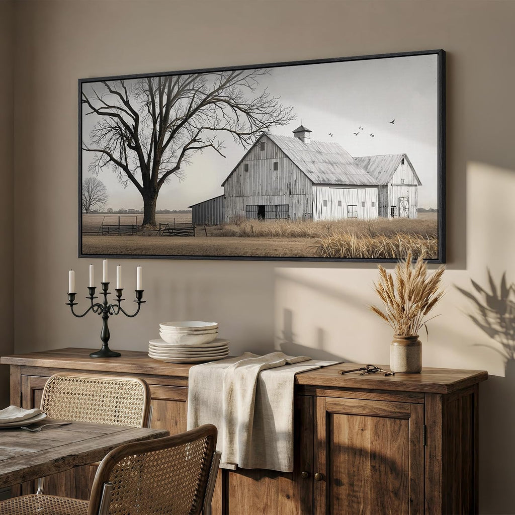 Large Framed Farmhous Wall Art for Living Room, Vintage Rustic Landscape Horizontal Canvas Print, Neutral Country Barn Wall Decor for Bedroom Dining Room Hallway 30x60 Inch