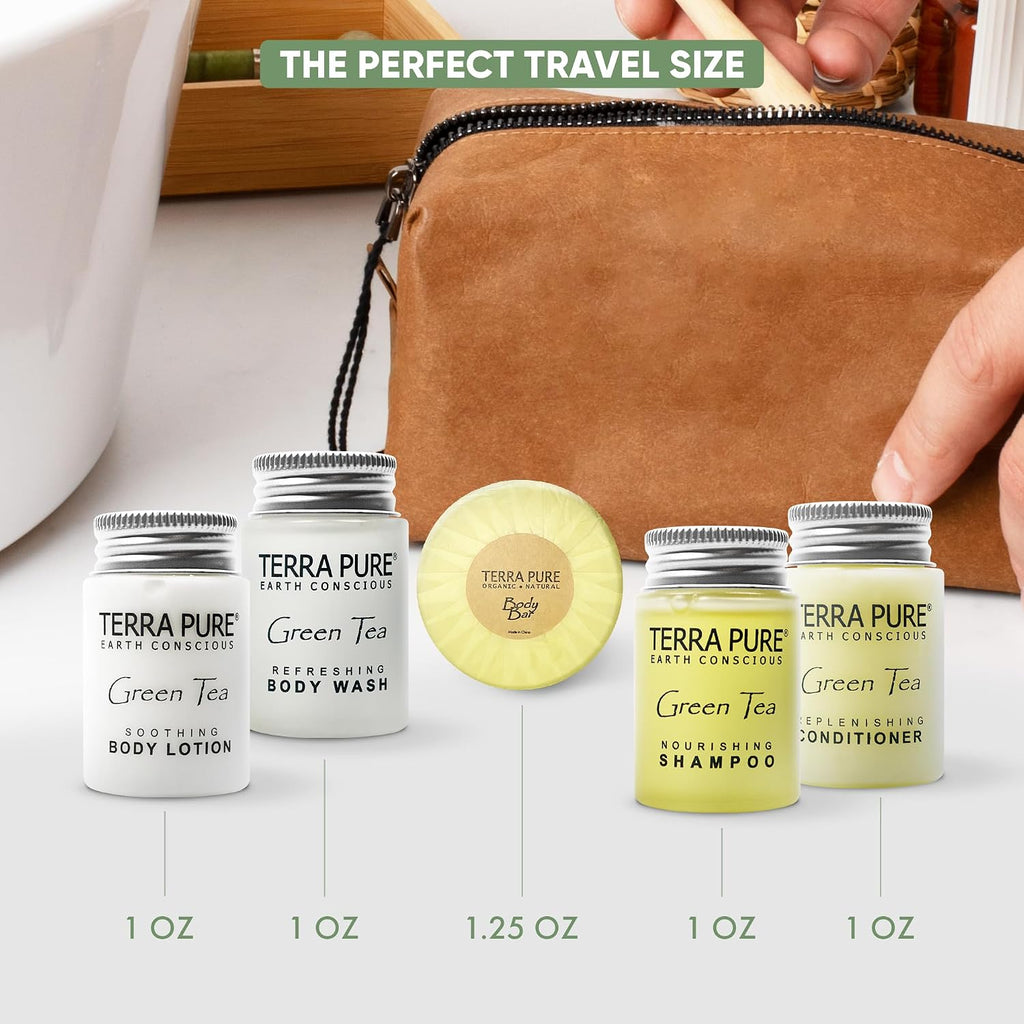 Terra Pure Hotel Soaps & Toiletries Bulk Set | 1-Shoppe Amenities Kit | 1oz Shampoo & Conditioner, Body Wash, Lotion, 1.25oz Bar Soap | Travel Size | 300 Pieces
