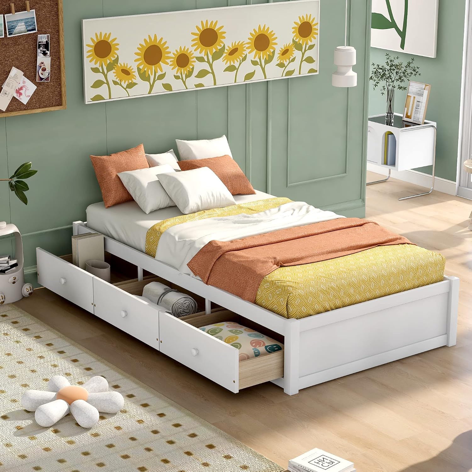 Bellemave Twin Platform Bed Frame with 3 Storage Drawers, Wood Twin Size Bed with Support Slats, Twin Bed Frame for Kids,Teens,Adults No Box Spring Needed (White)