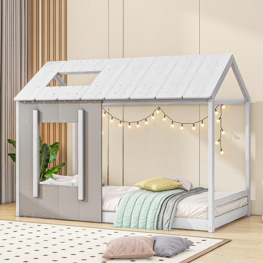 JIVOIT House Platform Bed with Roof and Window, Twin Size Kids House Bed Wood Bed Frame, Low Floor Bed for Toddler Kids Teens Boys Girls (Antique Grey+Antique White)