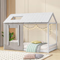 JIVOIT House Platform Bed with Roof and Window, Twin Size Kids House Bed Wood Bed Frame, Low Floor Bed for Toddler Kids Teens Boys Girls (Antique Grey+Antique White)