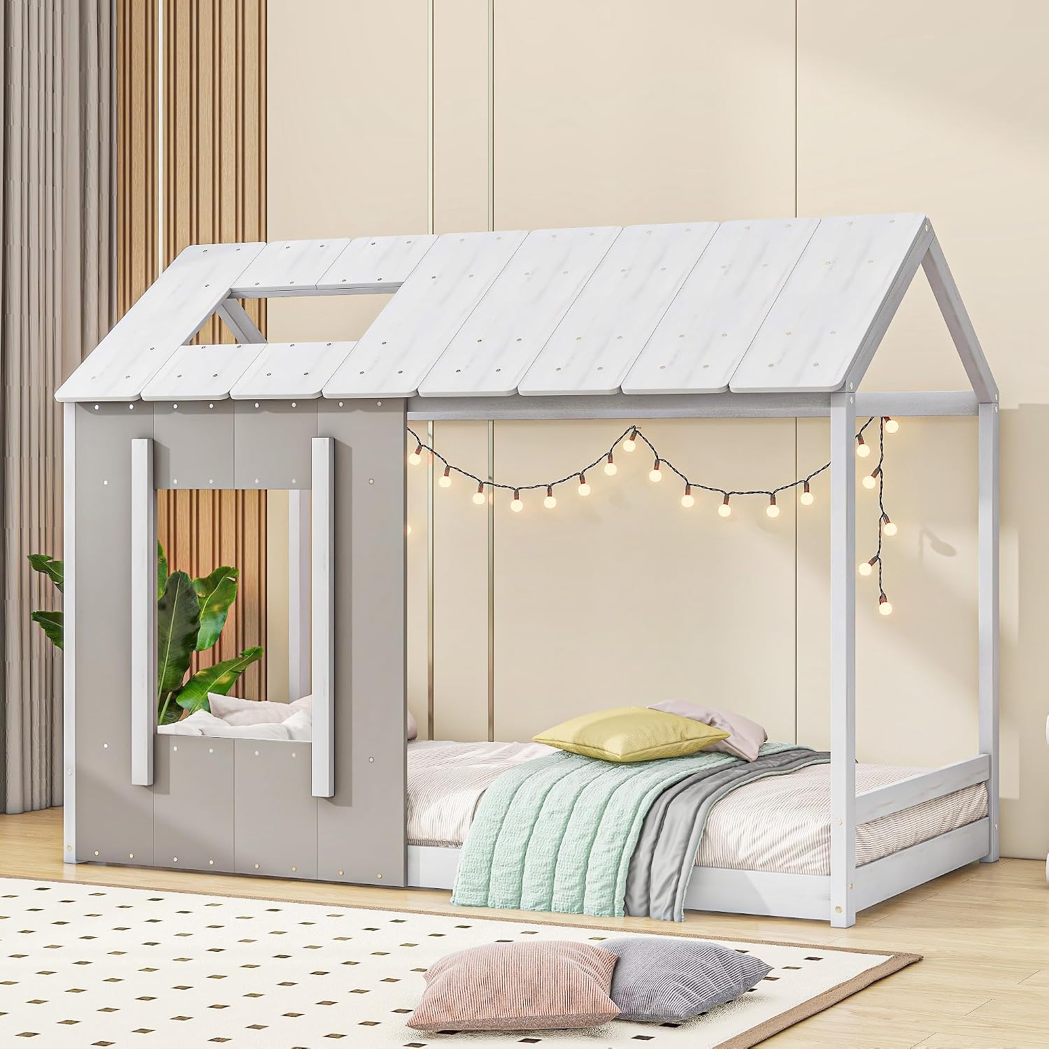 JIVOIT House Platform Bed with Roof and Window, Twin Size Kids House Bed Wood Bed Frame, Low Floor Bed for Toddler Kids Teens Boys Girls (Antique Grey+Antique White)