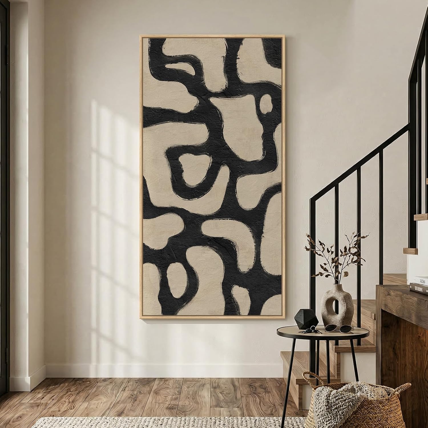 Oversized Framed Abstract Horizontal Wall Art for Living Room, Modern Neutral Black Beige Canvas Artwork for Walls, Extra Large Mid Century Paintings Print for Hallway Dining Room Wall Decor, 72x36 In