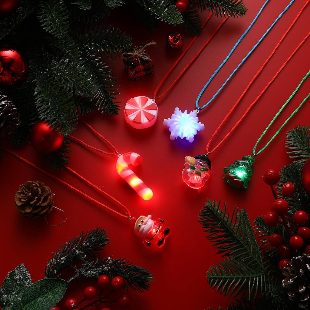 Sumind 200 Pcs Light up Christmas Bulb Necklaces Xmas LED Necklaces Santa Claus Lights Necklace Party Favors Christmas Tree Snowman Snowflake Candy Decorations