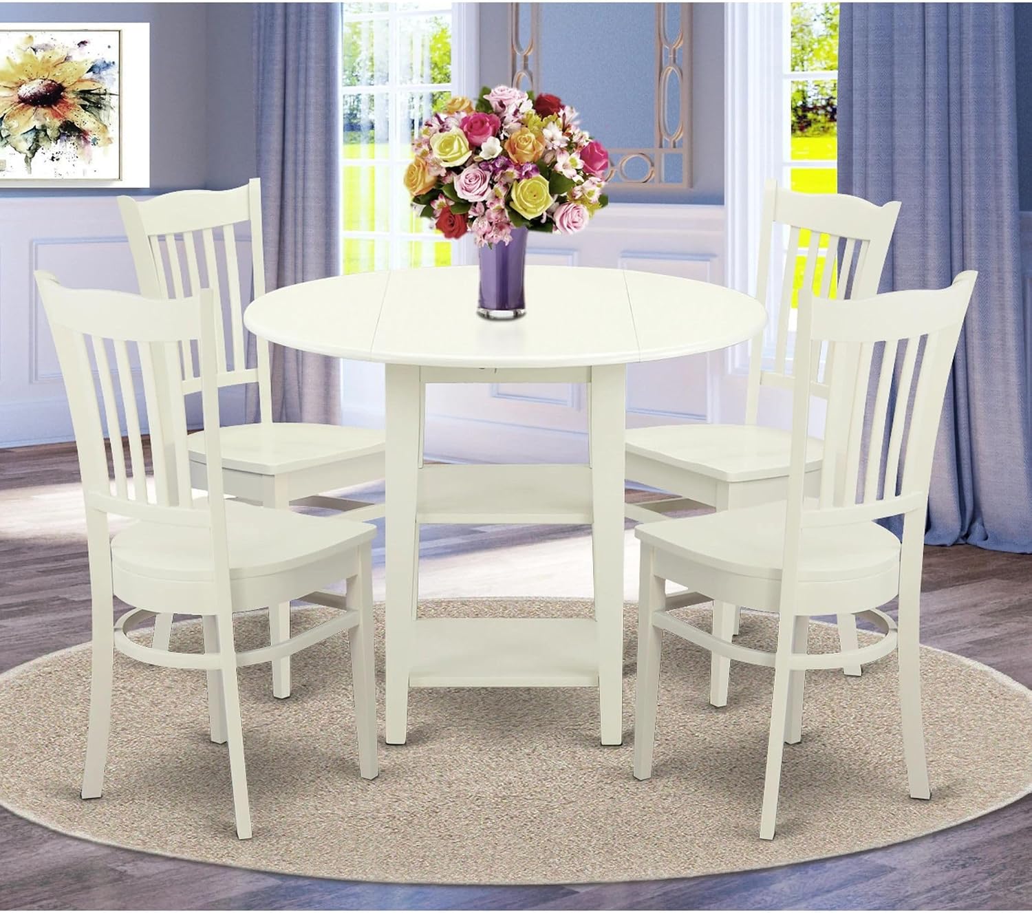East West Furniture SUGR5-LWH-W 5 Piece Dining Table Set for 4 Includes a Round Kitchen Table with Dropleaf & Shelves and 4 Kitchen Dining Chairs, 42x42 Inch, Linen White
