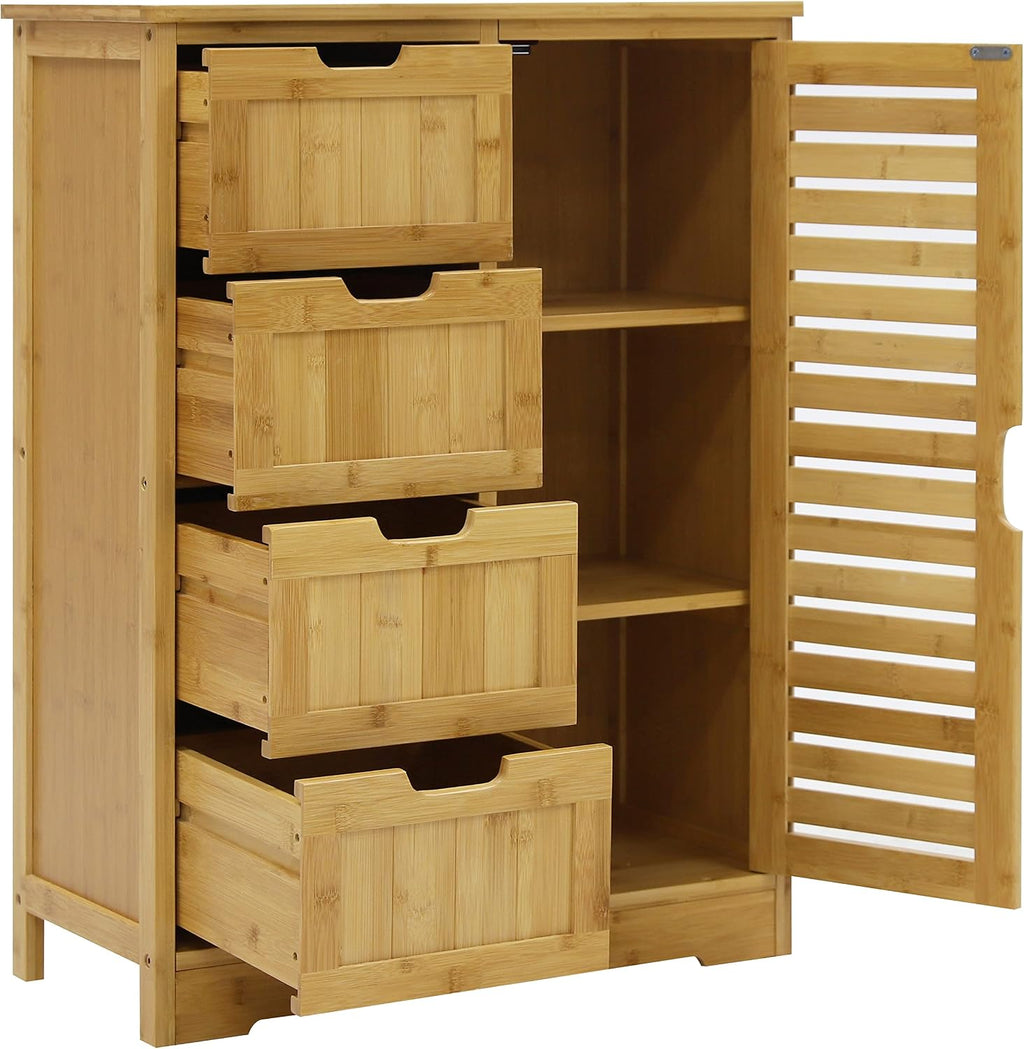 Yardenaler Bamboo Bathroom Storage Cabinet with 4 Drawers & 2 Removable Shelves, Freestanding Storage Organizer Multifunctional for Living Room, Bathroom, Natural
