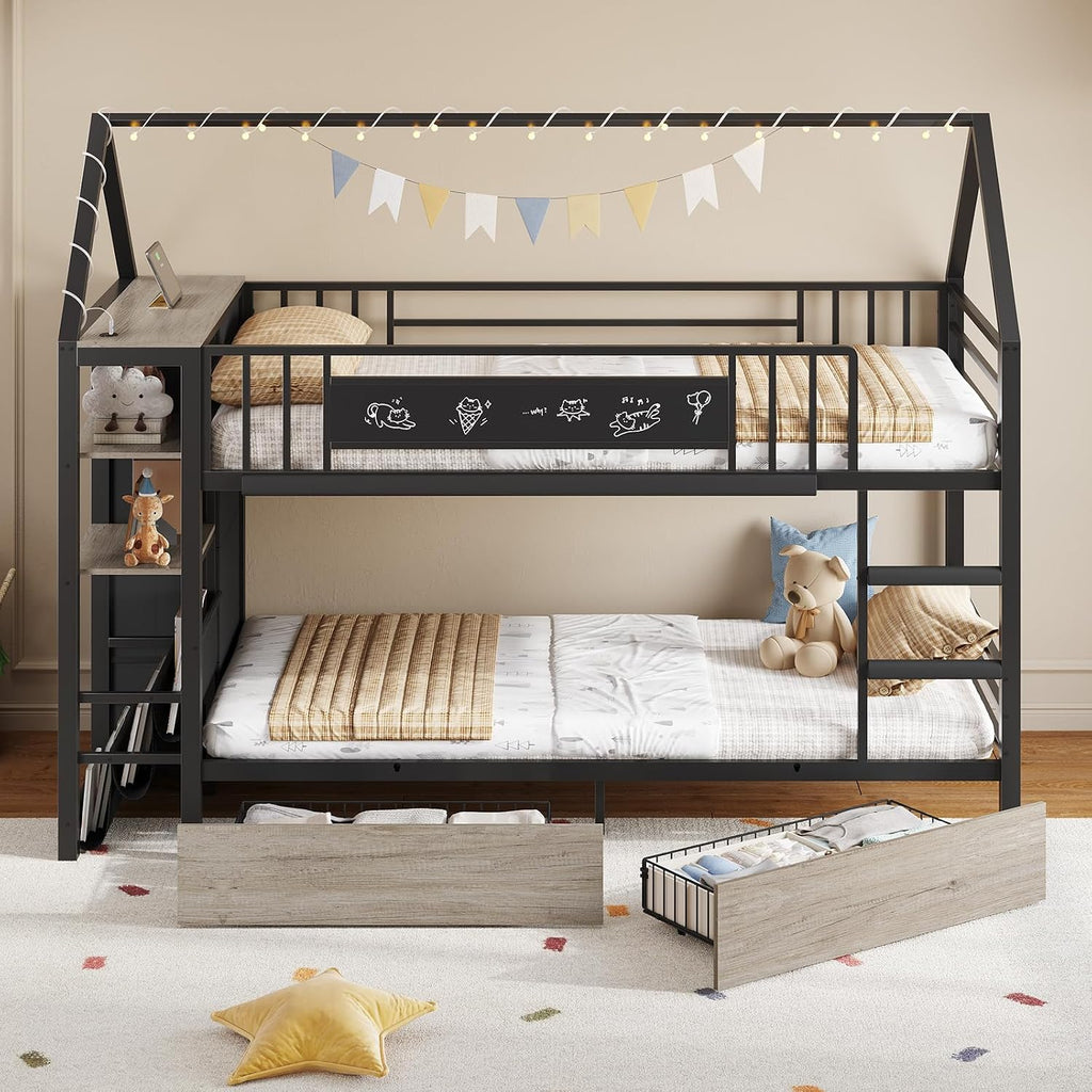Twin Bunk Bed for Kids with 6 Storage Drawers, Montessori Bookshelf, House Shaped Bed with Globe String Lights and USB Ports, Metal Low Bunk Bed Twin Over Twin with Safety Guardrail and Ladder, Black