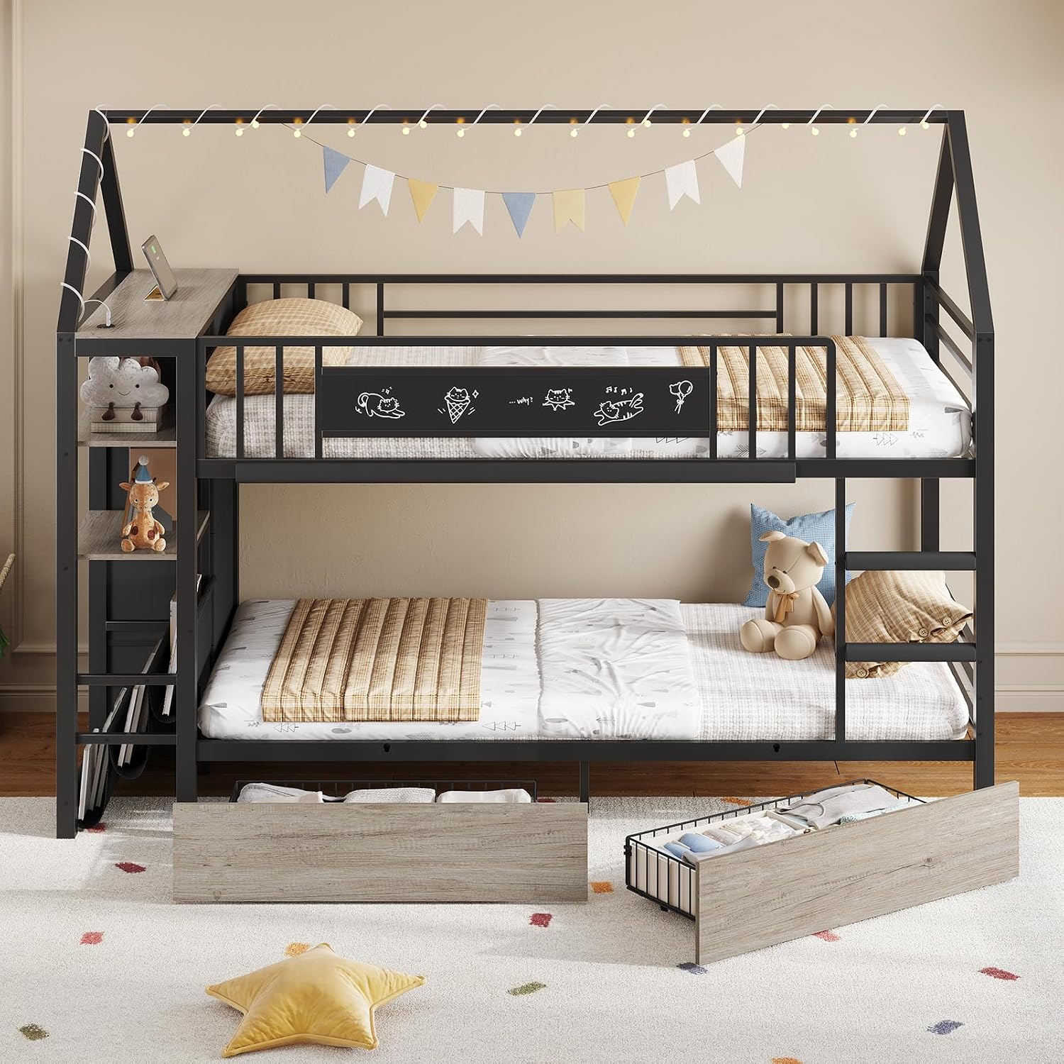 Twin Bunk Bed for Kids with 6 Storage Drawers, Montessori Bookshelf, House Shaped Bed with Globe String Lights and USB Ports, Metal Low Bunk Bed Twin Over Twin with Safety Guardrail and Ladder, Black