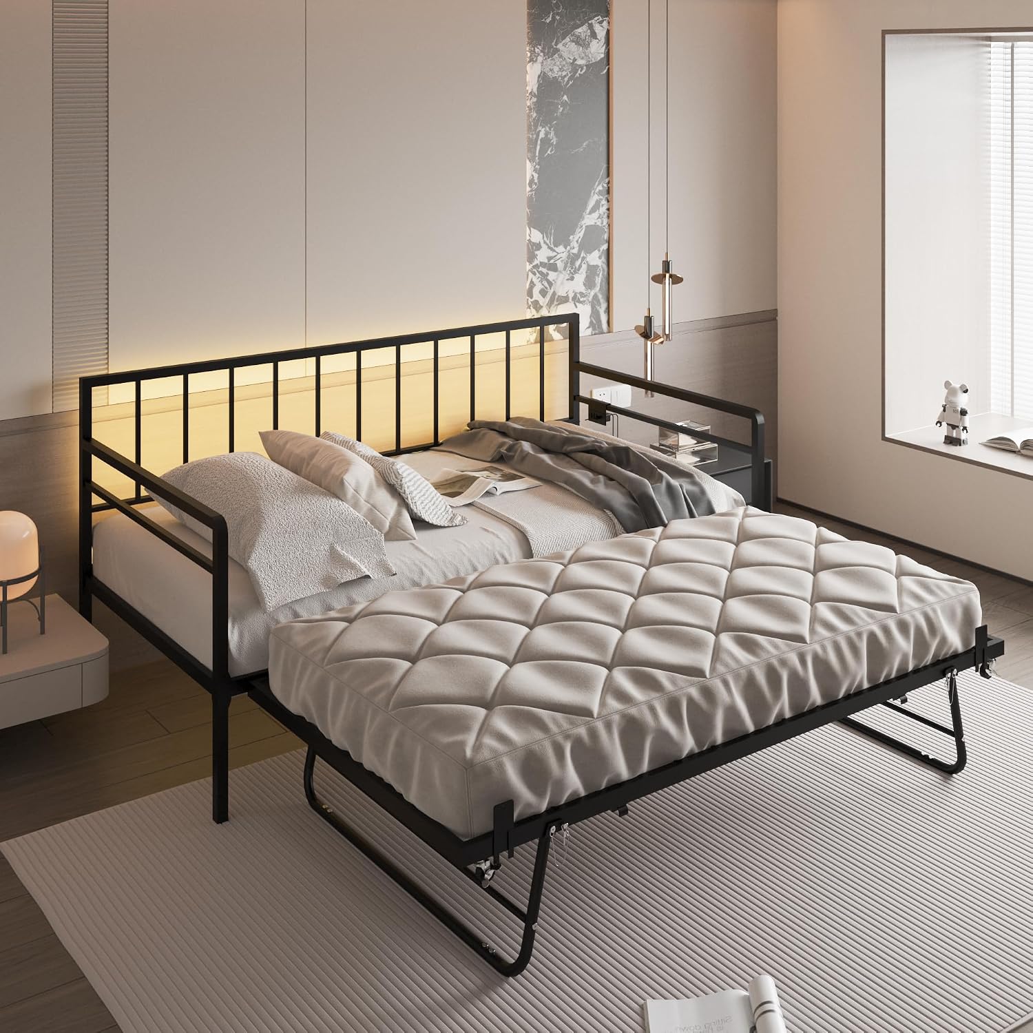 Twin Daybed with Trundle, Day Bed with Charging Station & LED Lights, Metal Sofa Bed Frame with Pop Up Trundle for Living Room, Bedroom, Guest Room, Apartment and Small Spaces (Black, Twin)