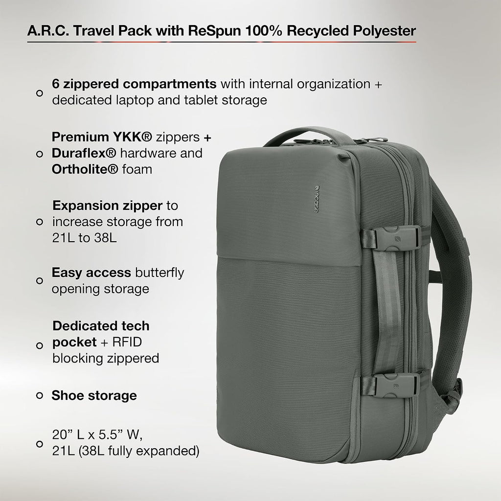 Incase A.R.C. Travel Backpack 38L – Expandable Carry On Luggage, Fits up to 17' Laptop – Butterfly Opening, Quick Access Pocket, Shoe Storage – Airplane Travel Essentials, Weekend Bag – Smoked Ivy