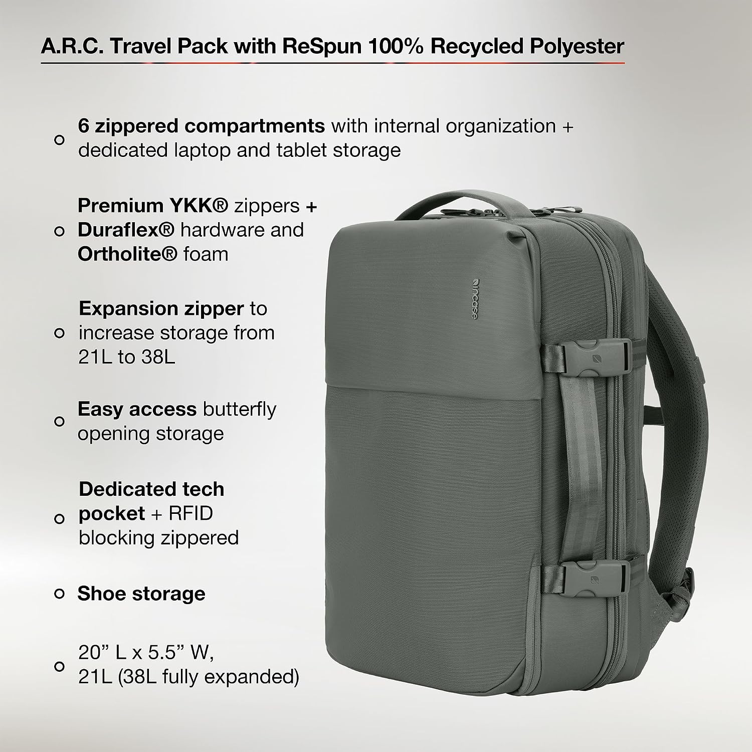 Incase A.R.C. Travel Backpack 38L – Expandable Carry On Luggage, Fits up to 17' Laptop – Butterfly Opening, Quick Access Pocket, Shoe Storage – Airplane Travel Essentials, Weekend Bag – Smoked Ivy