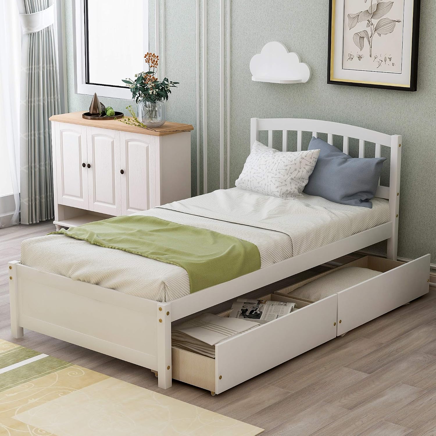 Twin Size Bed with Storage Drawers, Wooden Twin Platform Bed with Slat Support, Solid Wood Bed Frame for Kids Teens Adults (White)