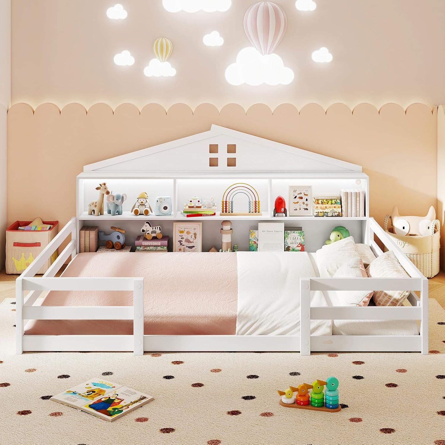 Giantex Full Size Montessori Floor Bed with LED Lights, 2-in-1 Wooden House Bed Frame with Safety Guardrails, Storage Compartments & Shelf, No Box Spring Needed, Without Slats, White