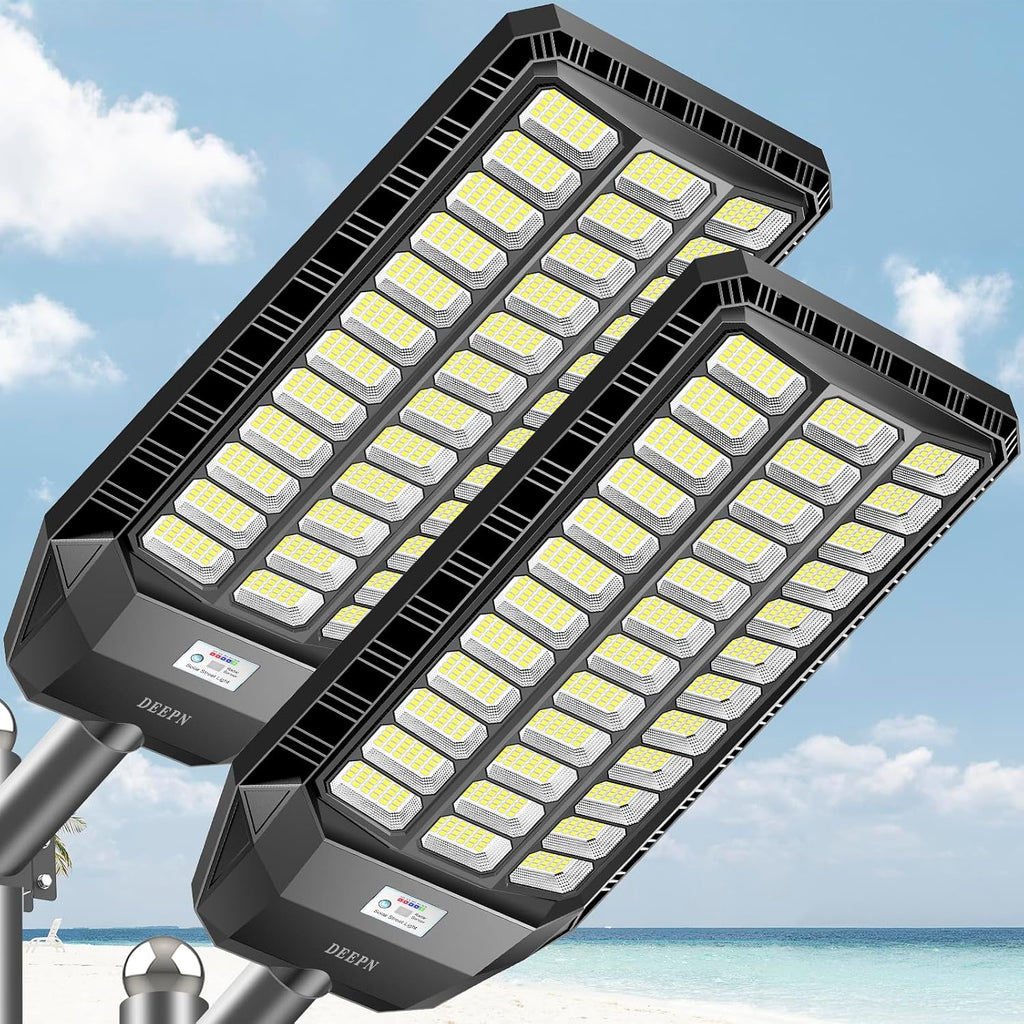 Deepn 12000W Solar Street Light, Commercial Grade Street Lights, IP67 Waterproof Solar Parking Lot Lights Dusk to Dawn Outdoor Lighting LED Security Flood Motion Sensor and Remote Control, 2 Pack