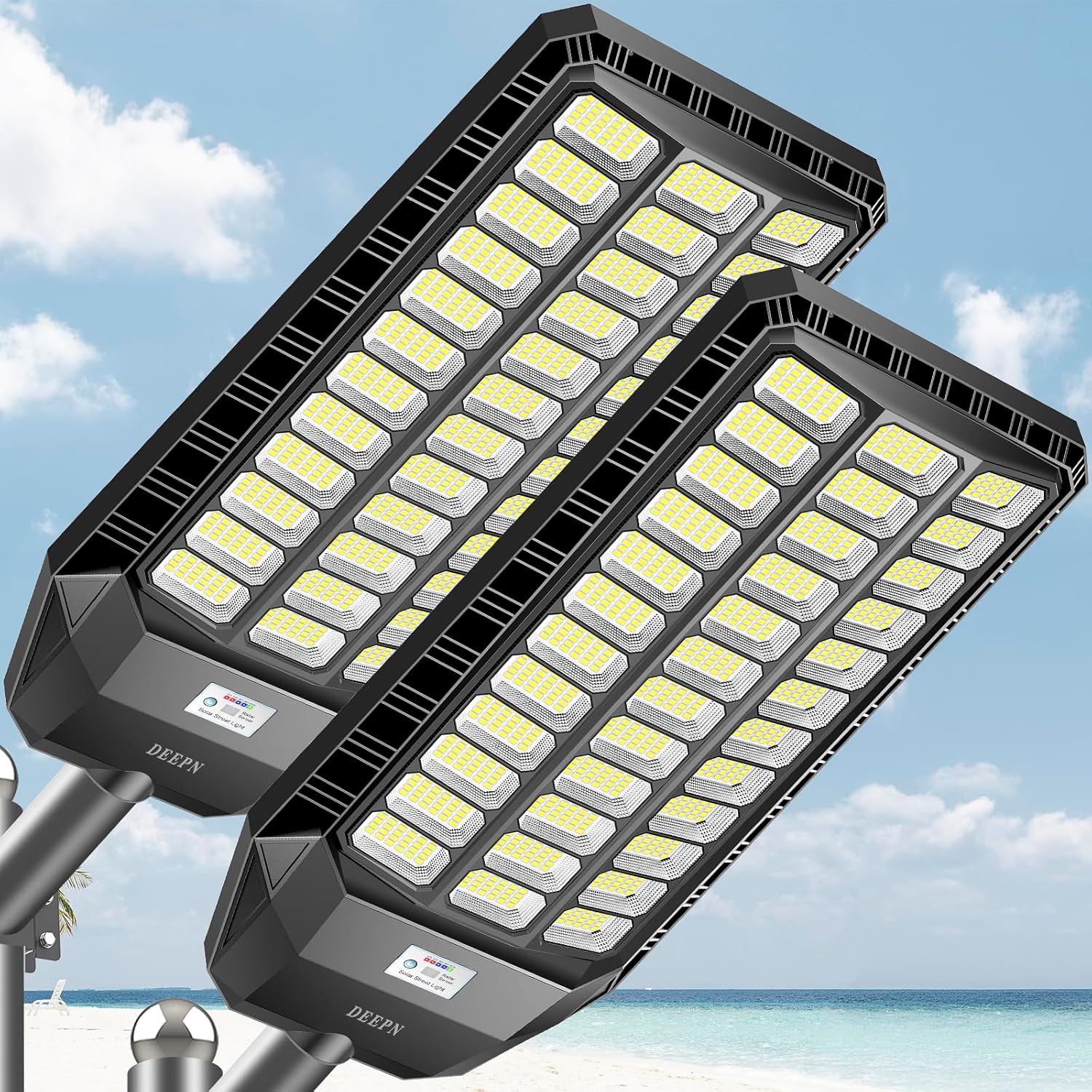 Deepn 12000W Solar Street Light, Commercial Grade Street Lights, IP67 Waterproof Solar Parking Lot Lights Dusk to Dawn Outdoor Lighting LED Security Flood Motion Sensor and Remote Control, 2 Pack