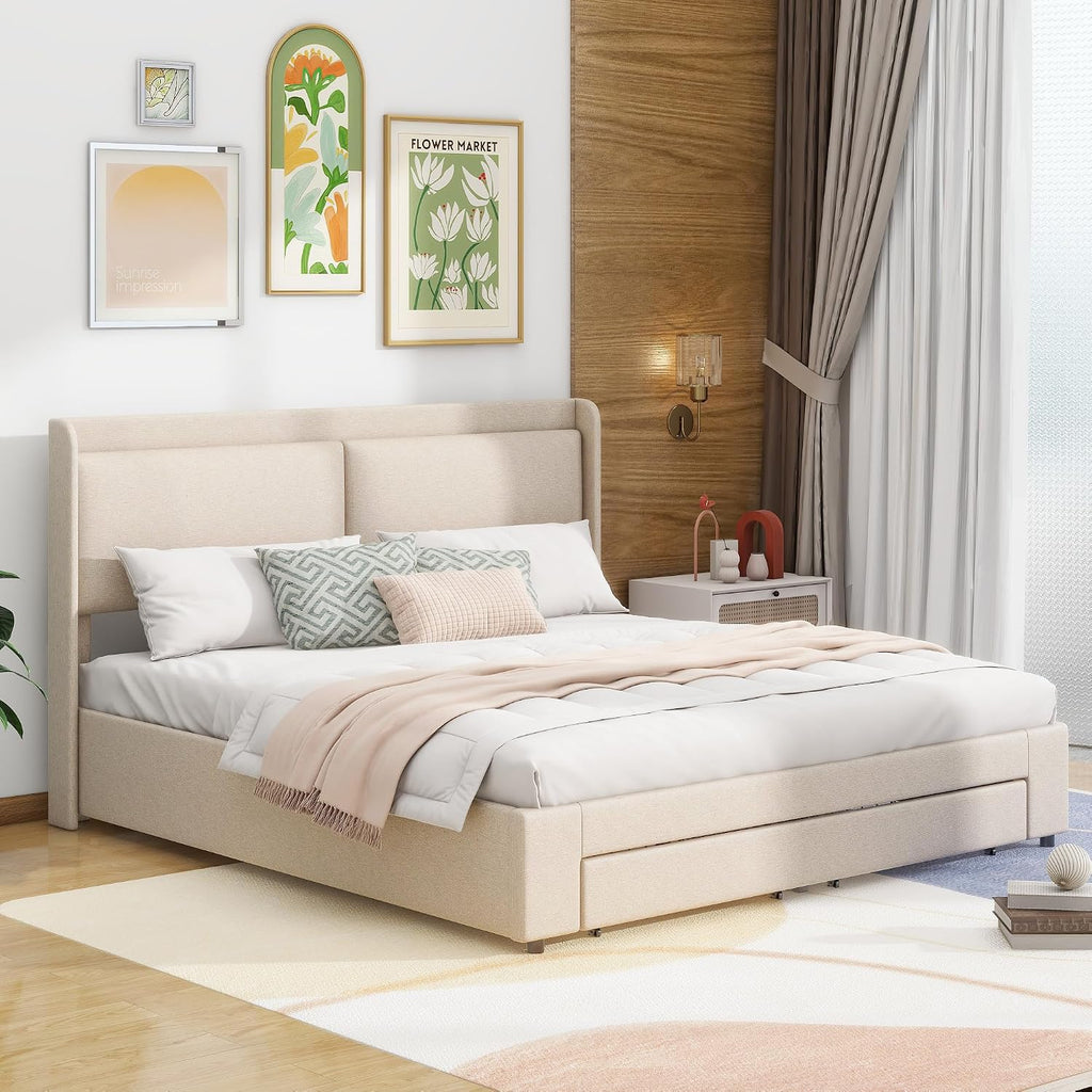 Queen Size Lift Up Storage Bed with Storage Ottoman, Queen Bed Frame with Tufted Headboard/Hydraulic Storage, 2-Pieces Queen Bedroom Sets, Easy Assembly, Pink(Beige with Drawer,Queen)