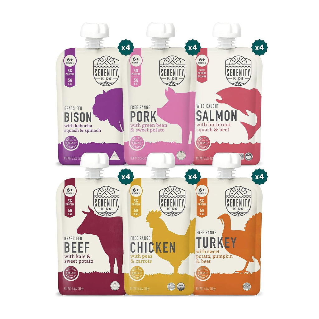 Serenity Kids 6+ Months Power Protein Pack - 24 Count, 3.5 Oz - No Added Sugar Meat Snacks Toddler Food - Portable Baby Travel Essential