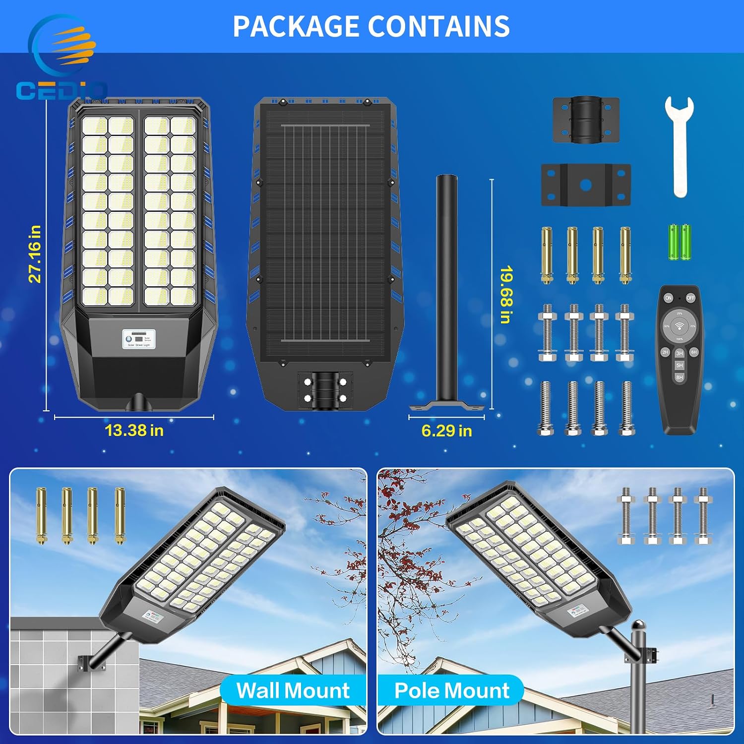 CEDIO 10000W Solar Street Lights Outdoor, Solar Lights Outdoor Waterproof Commercial Street Light Dusk to Dawn, LED Security Flood Light with Motion Sensor for Parking Lot, Yard, Garage, 2 Pack