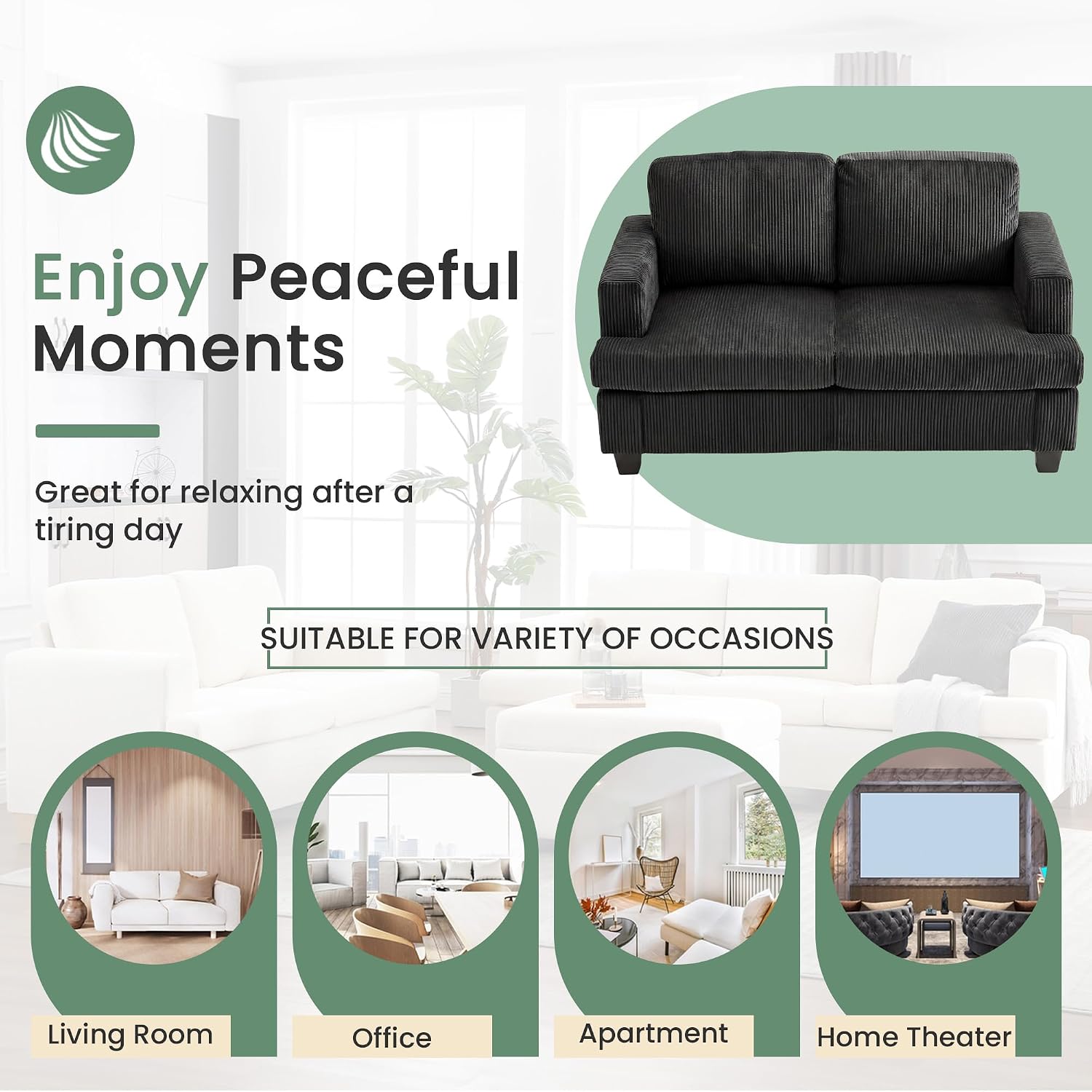 Fiona's magic 4 Seats Couch Set, 2 Piece Set Comfy Sofa, Loveseat Sofa*2 with Deep Seats for Living Room, Modern Sleeper Couch, Black Corduroy