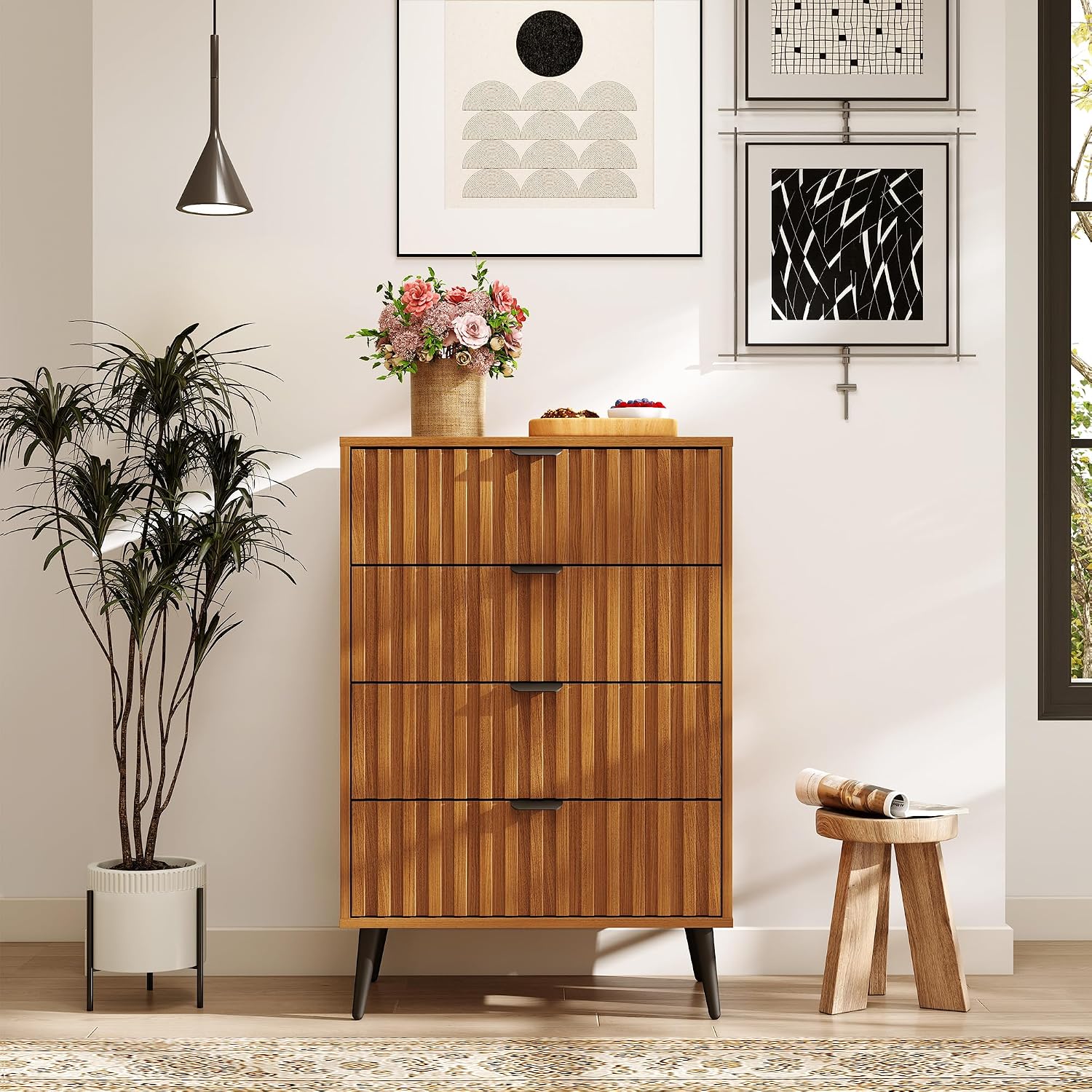 Fluted Dresser for Bedroom, 24'' Wide Modern Chest of Drawers, 4 Drawer Dresser Nightstand, Natural Wood Drawer Organizer for Bedroom, Living Room, Hallway, Walnut