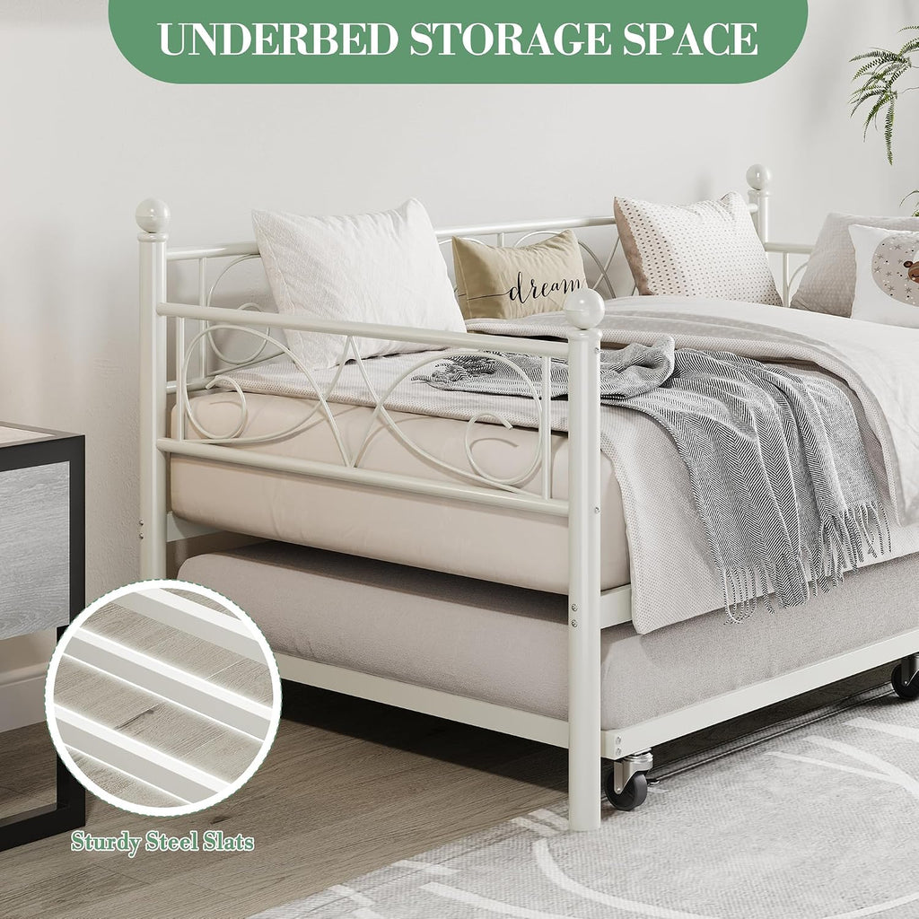 Heavy Duty Twin Daybed with Trundle, Metal Sofa Bed Frame with Floral Headboard & Slats, No Box Spring Needed, Multifunctional Platform Bed for Guest Room, Bedroom,White