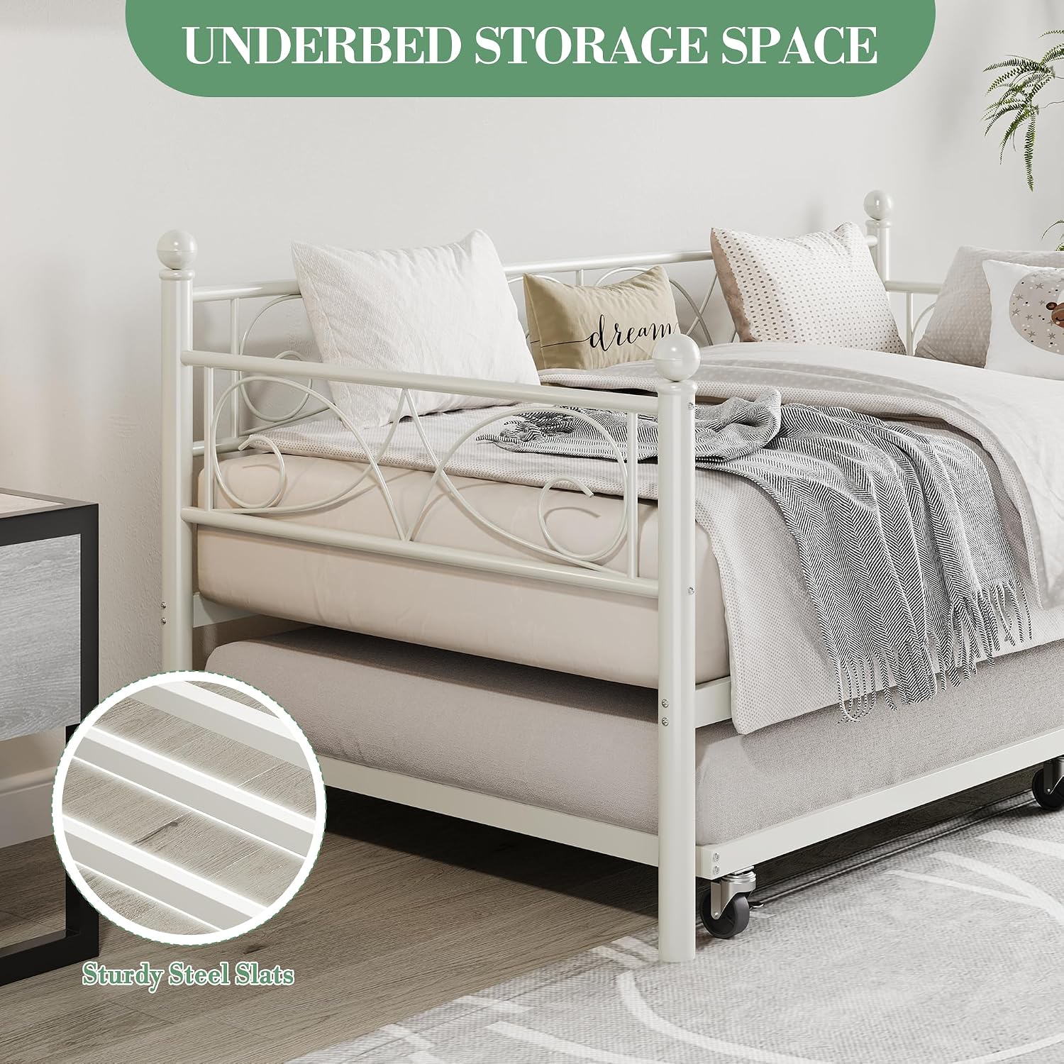 Heavy Duty Twin Daybed with Trundle, Metal Sofa Bed Frame with Floral Headboard & Slats, No Box Spring Needed, Multifunctional Platform Bed for Guest Room, Bedroom,White