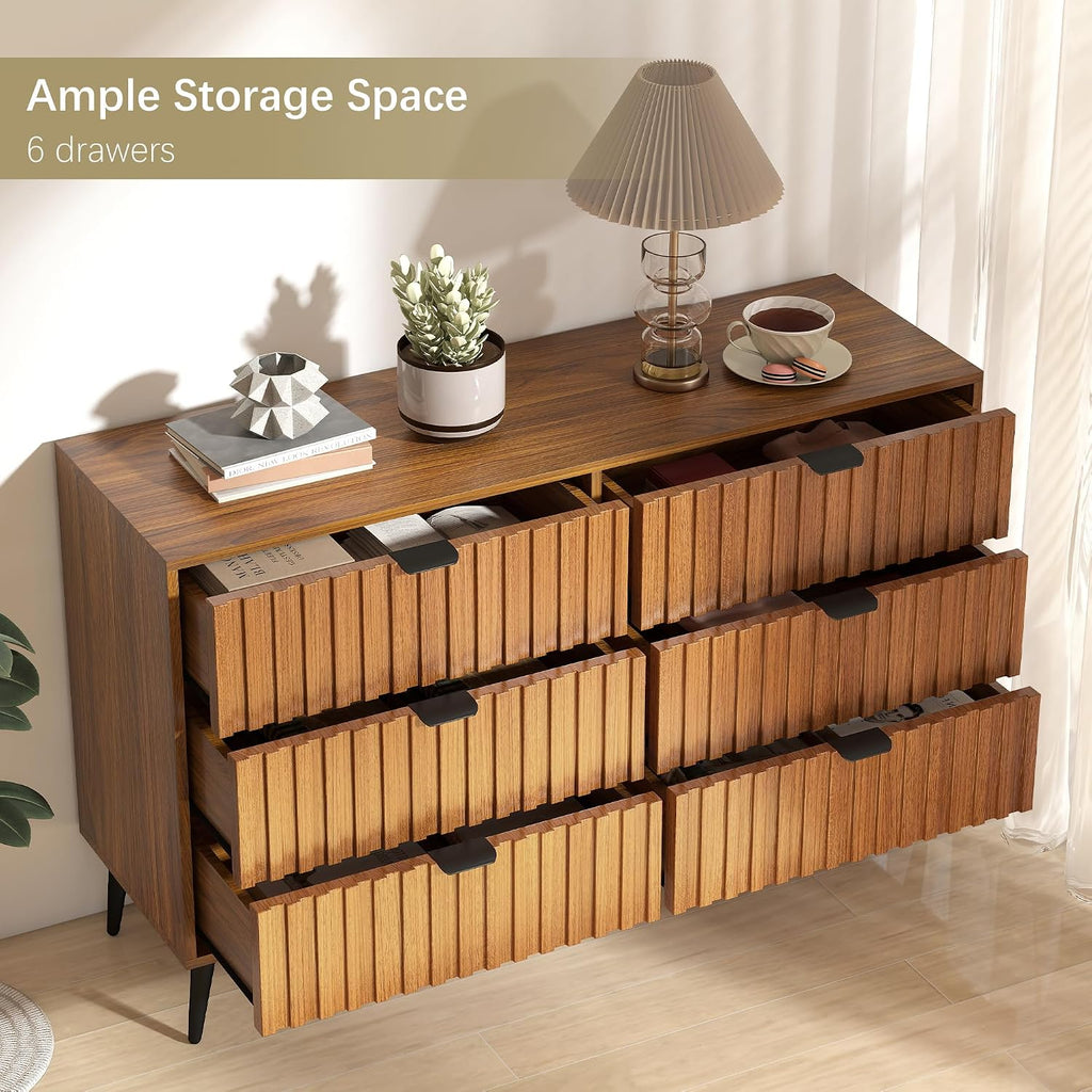 Fluted Dresser for Bedroom, 47'' Wide Modern Chest of Drawers, 6 Drawer Dresser TV Stand, Natural Wood Drawer Organizer for Bedroom, Living Room, Hallway, Walnut