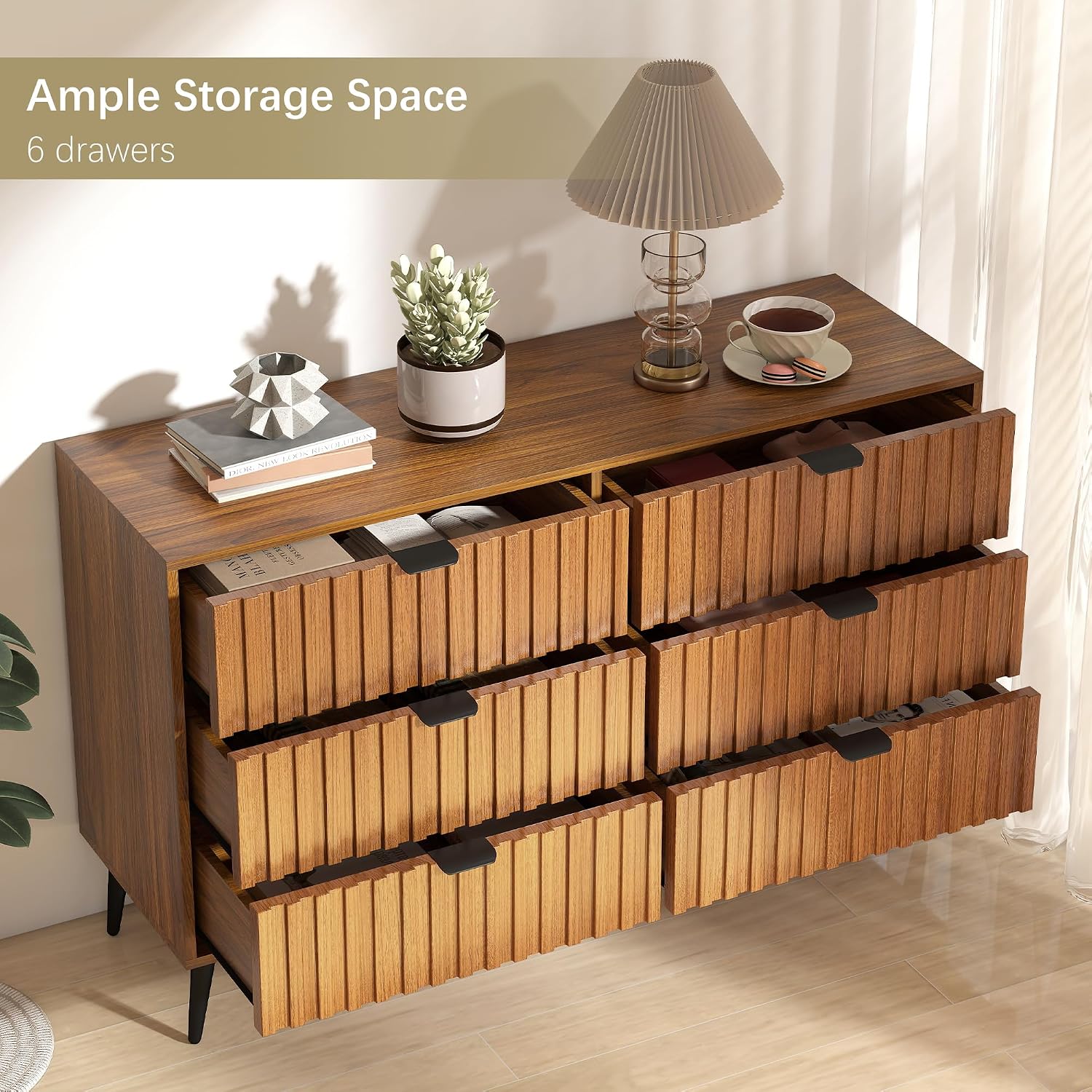 Fluted Dresser for Bedroom, 47'' Wide Modern Chest of Drawers, 6 Drawer Dresser TV Stand, Natural Wood Drawer Organizer for Bedroom, Living Room, Hallway, Walnut