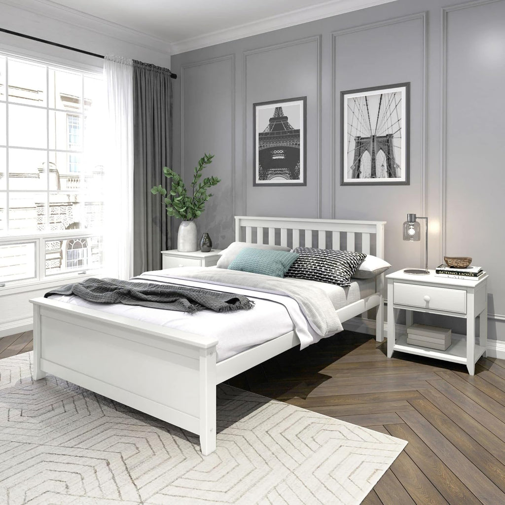 Plank+Beam Solid Wood Full Bed Frame, Platform Bed with Headboard, White